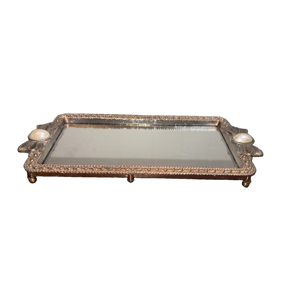 Vintage Mirrored Vanity Tray Silver Filigree Faux Pearl Bow Handles Footed 5x10"